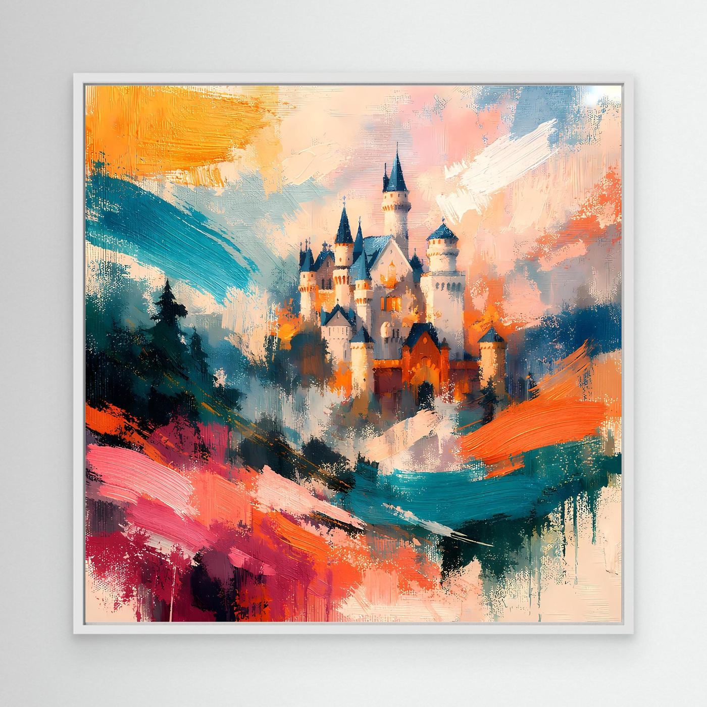 Premium Leinwand Märchenhaftes Schloss in abstrakten Farben | Modernes Castle Wandbild