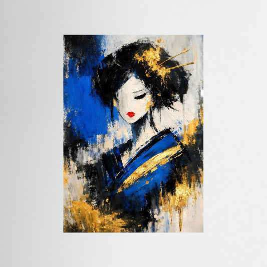 Kunstposter mit Geisha-Porträt, abstrakte Pinselstriche in Blau, Schwarz und Gold
