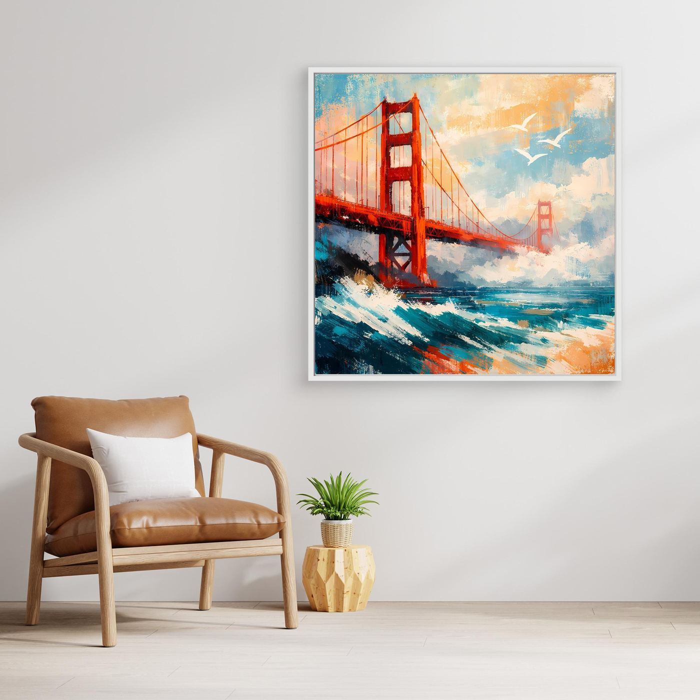 Abstraktes Leinwand-Wandbild der Golden Gate Bridge mit hellem Rahmen.