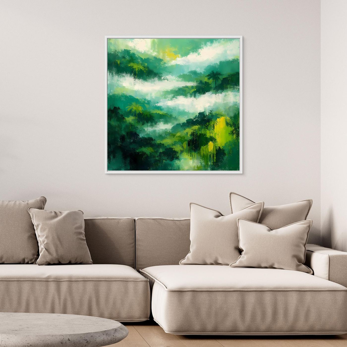 Quadratisches Leinwand-Wandbild mit abstraktem Regenwald und Nebel, weißer Rahmen