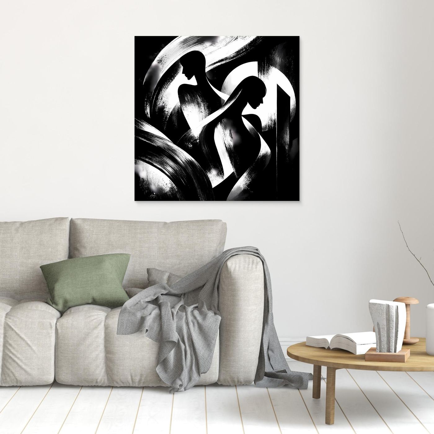 Quadratisches Wandbild mit abstrakten Schwarz-weiß-Silhouetten, hellem Holzrahmen.