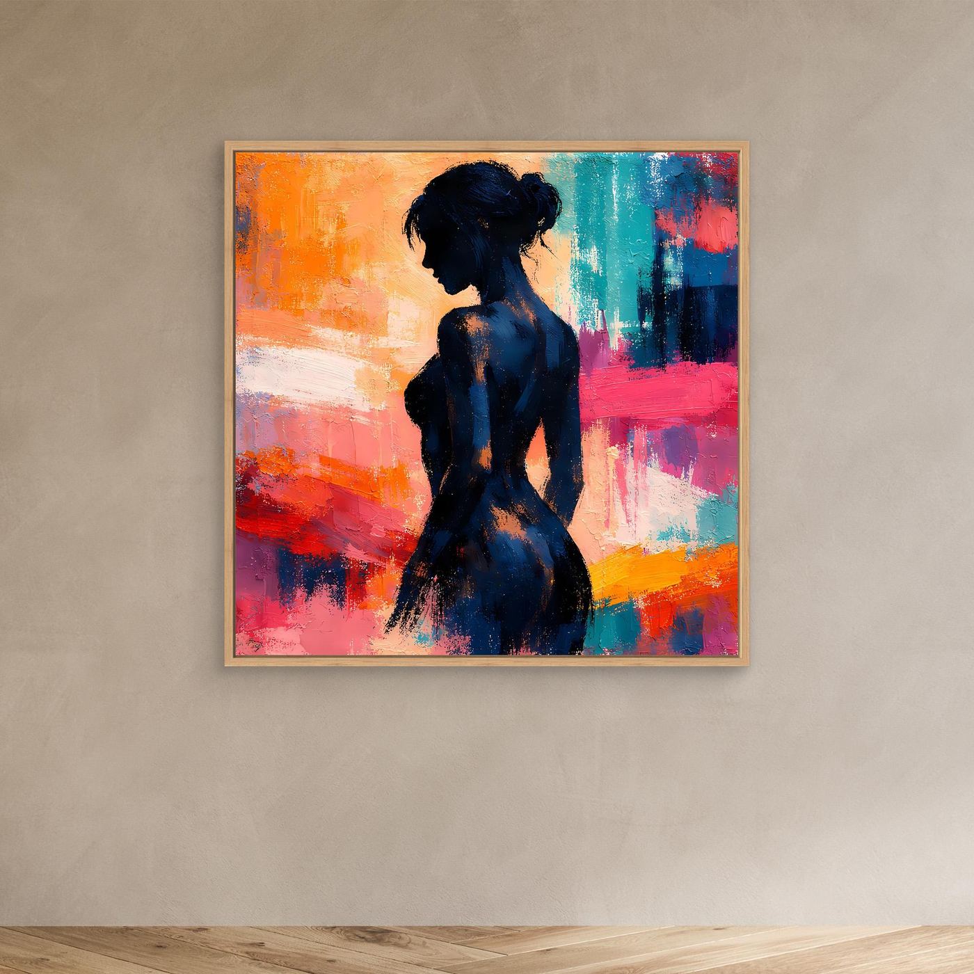 Weiß gerahmtes Leinwandbild: Frauensilhouette in Dunkelblau, bunte Pinselstriche.
