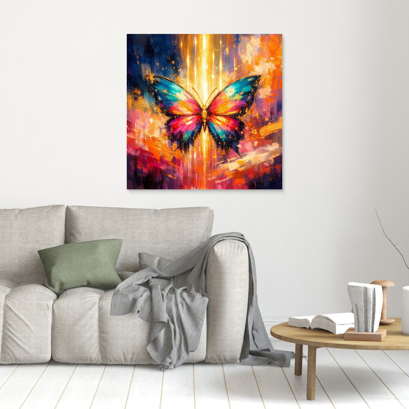 Wandbild mit farbenfrohem Schmetterling im Lichtstrahl auf Leinwand