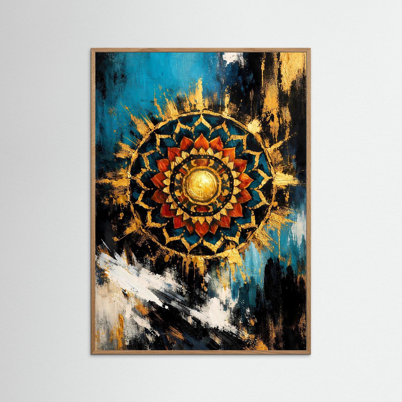 Abstraktes Mandala-Wandbild mit goldener Sonne, türkis-blau und dunkel, im hellen Eichenrahmen