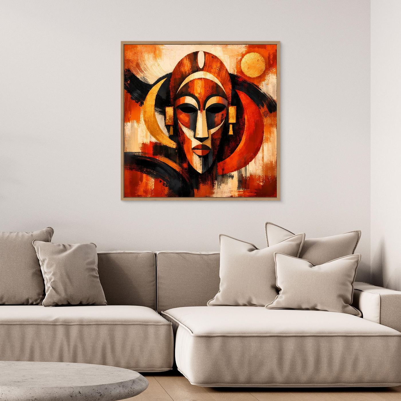 Gerahmtes Leinwand-Wandbild mit abstrakter afrikanischer Maske, Rot-Orange, Schwarz und Beige