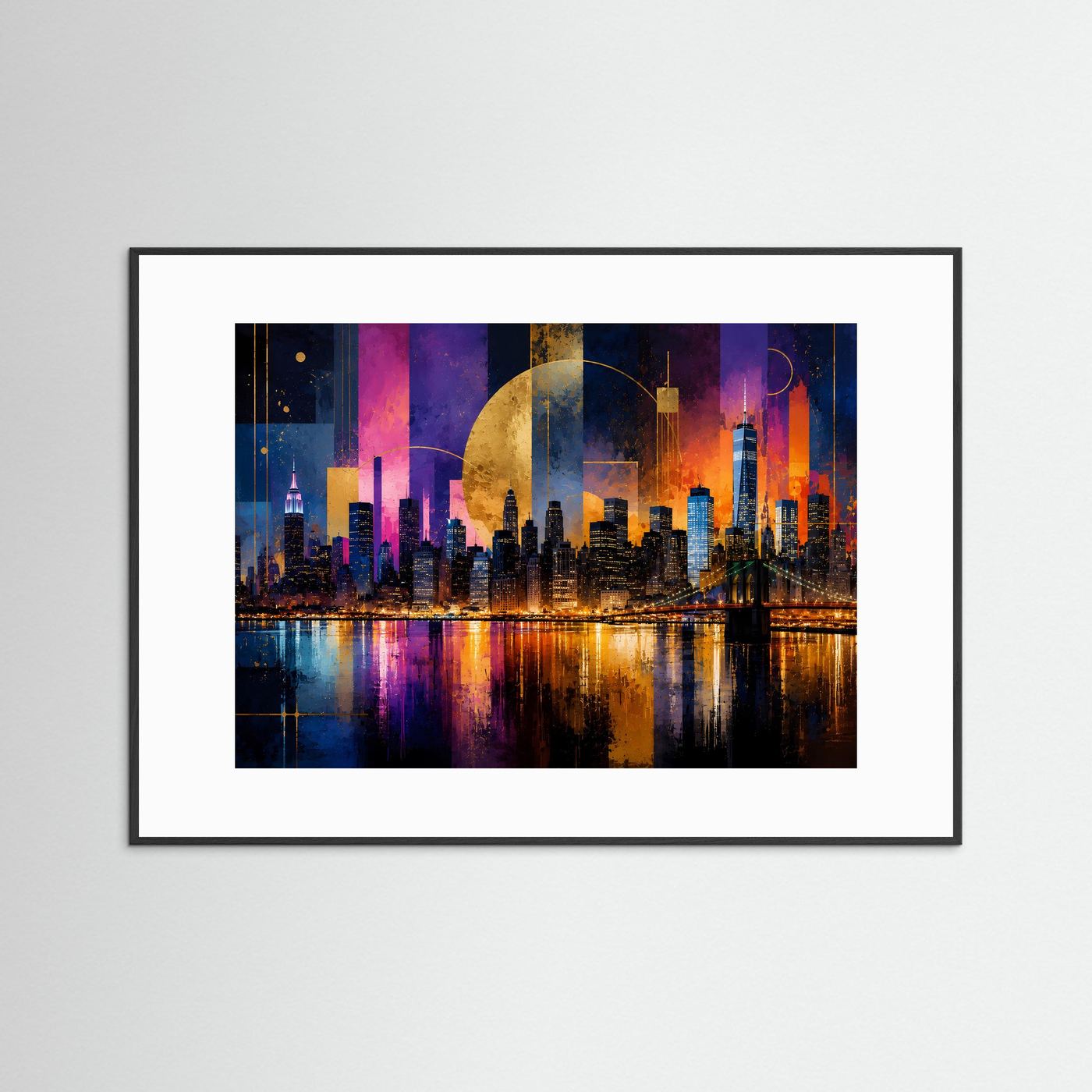 Gerahmtes Poster im Querformat mit weißem Rand und farbiger Neon-Skyline