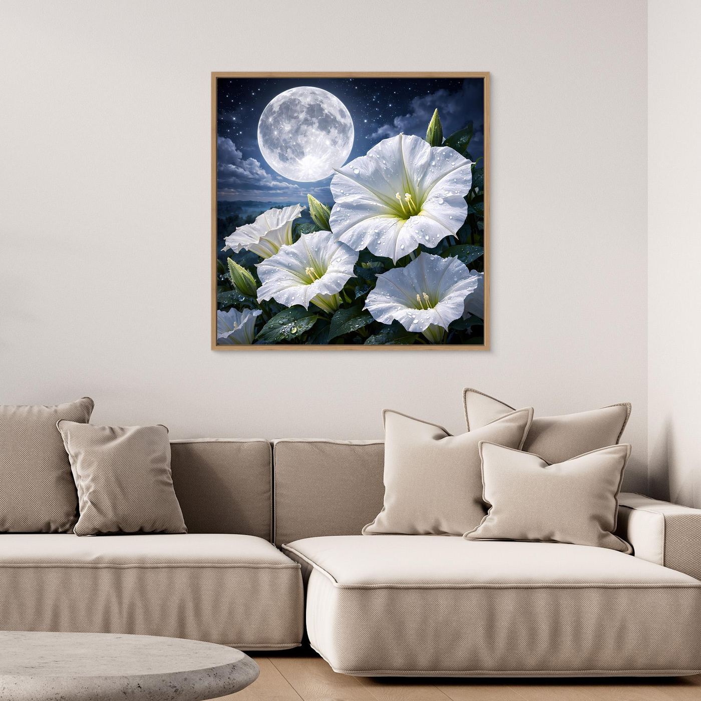 Leinwand-Wandbild mit Holzrahmen: weiße Blüten und großer Vollmond