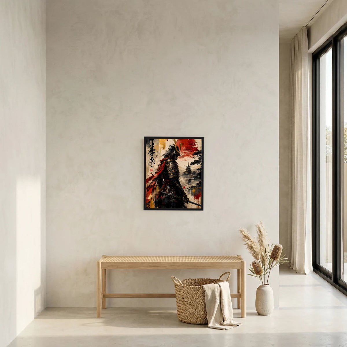 Gerahmtes Poster mit japanischem Krieger in Schwarz-Rot, Panorama-Landschaft mit Pagode
