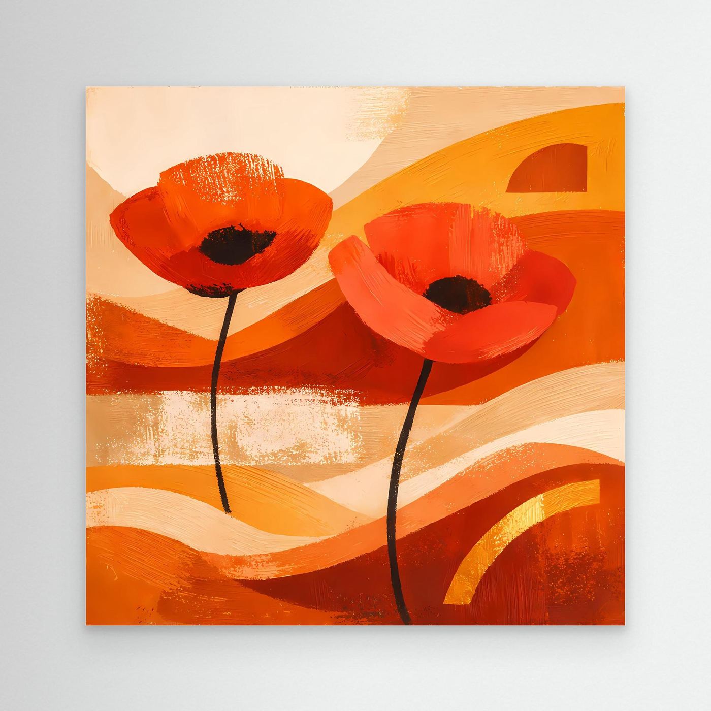 Abstraktes Leinwandbild mit zwei orangefarbenen Mohnblüten auf beigen Wellen