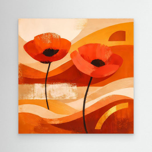 Abstraktes Leinwandbild mit zwei orangefarbenen Mohnblüten auf beigen Wellen