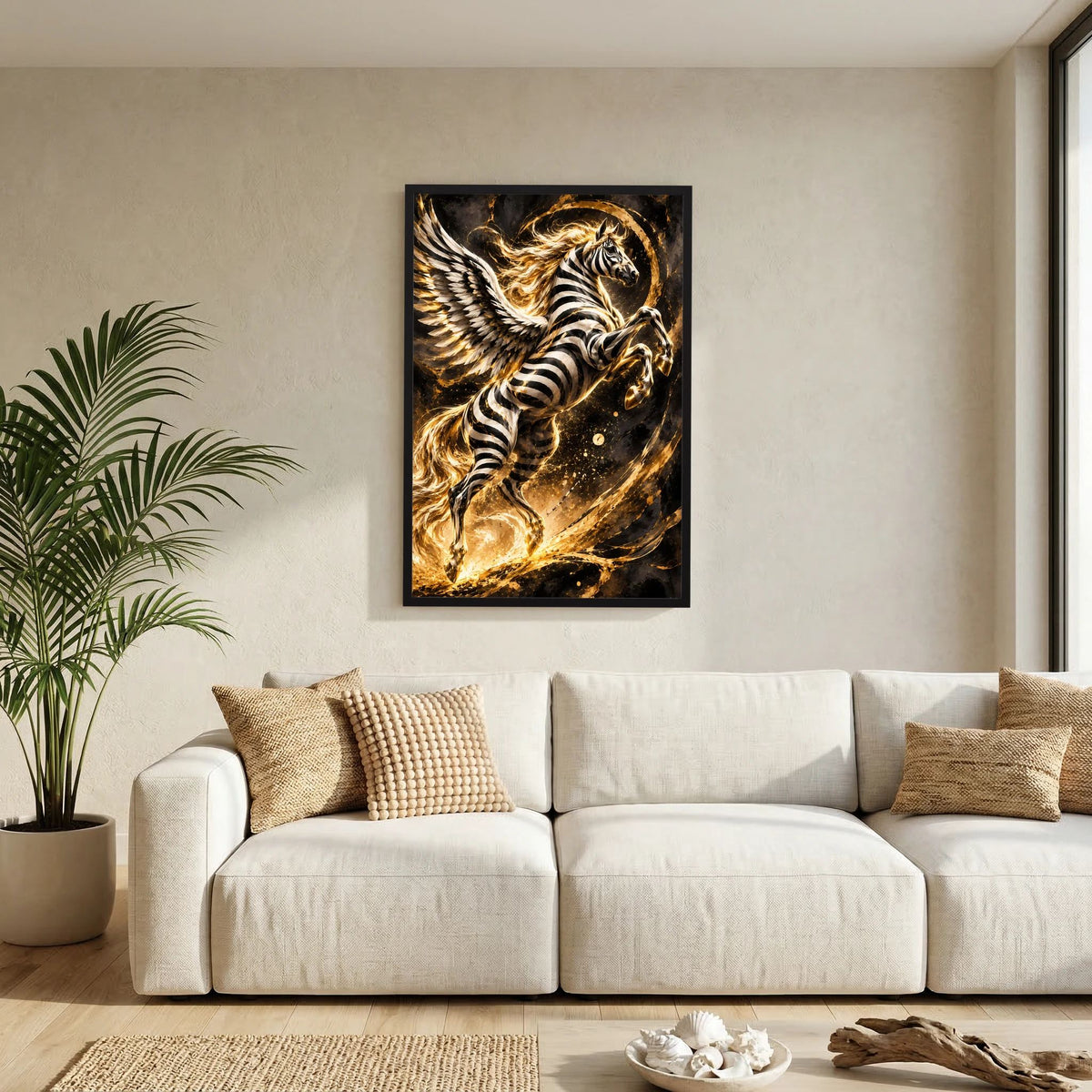 Geflügeltes Zebra-Pegasus Poster im schwarzen Rahmen, Schwarz-Weiß mit goldenen Details