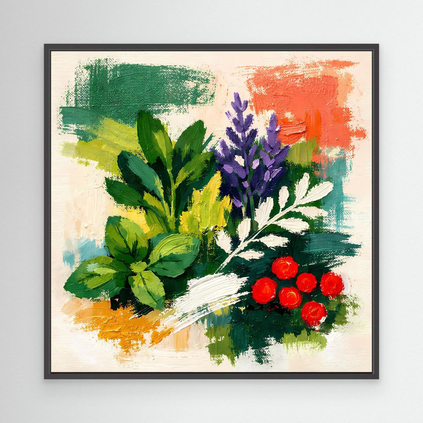 Abstract herb wall art painting with green and purple herbs and red flowers, in black frame