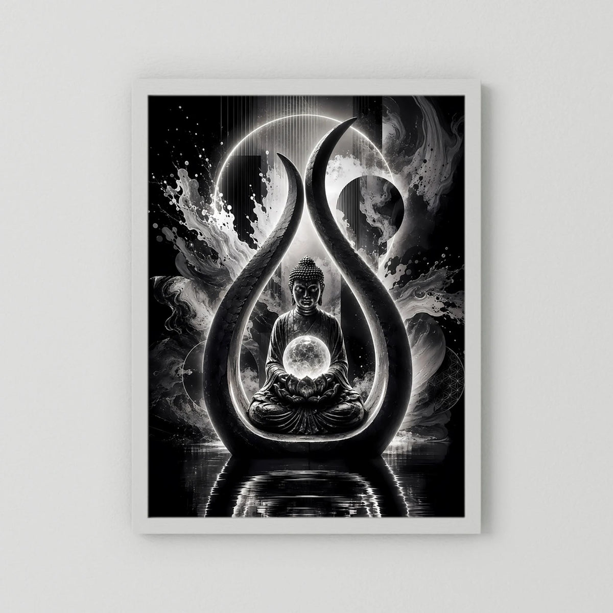 Buddha-Kunstposter in Schwarzweiß: Meditierender Buddha im Tropfen-Licht, weißer Rahmen