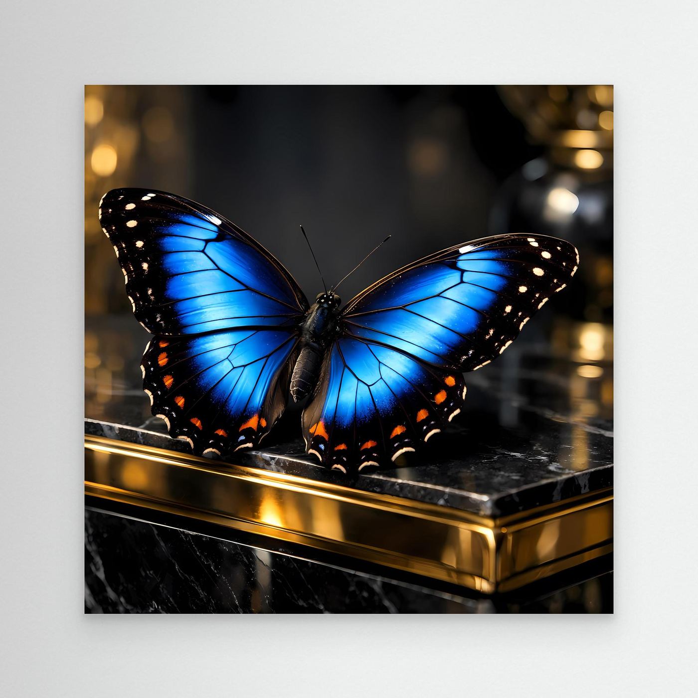Wandbild mit blauer Schmetterling-Flügelillustration, schwarzem Hintergrund