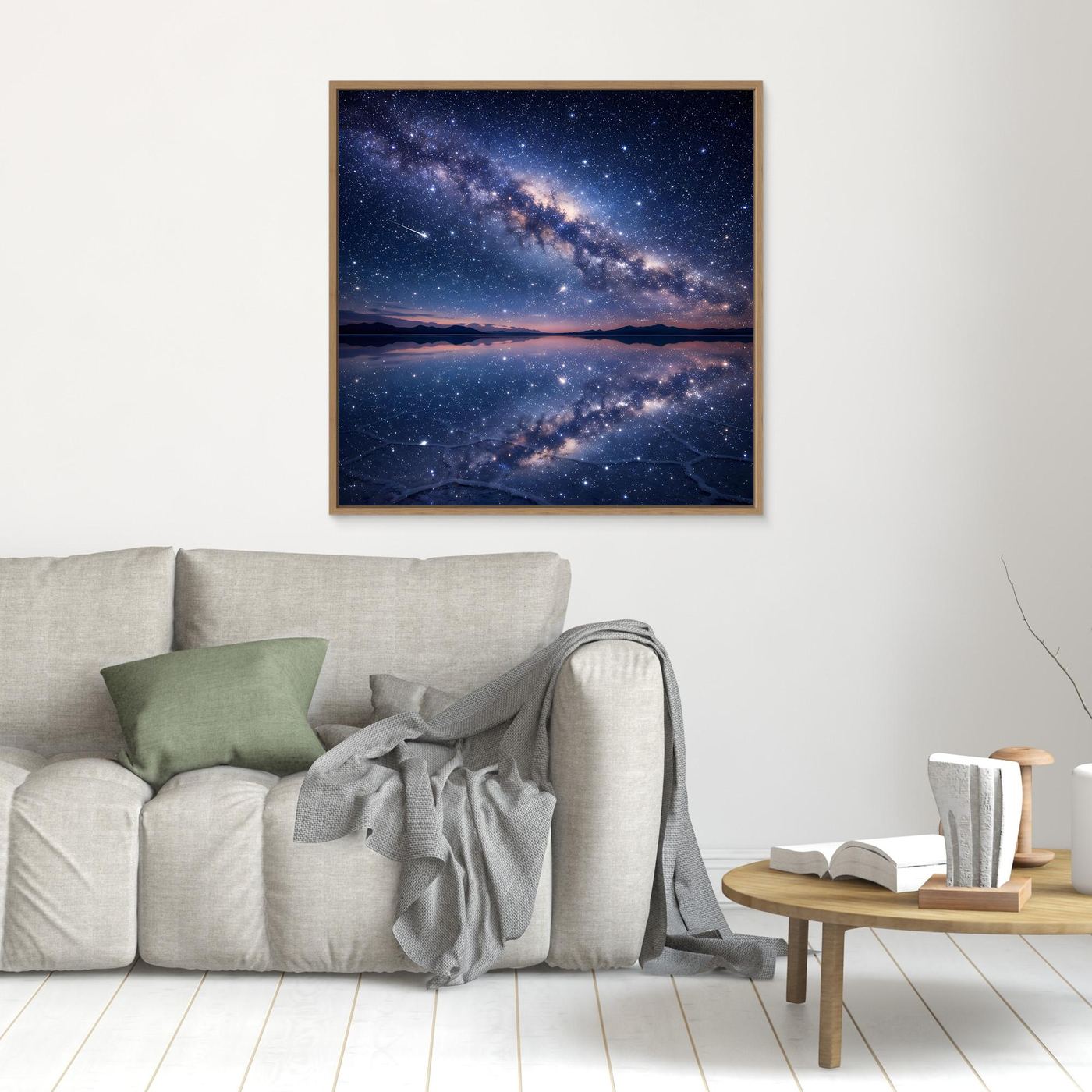 Leinwandbild Milchstraße Spiegelung als Quadrat, Sternenhimmel im beigen Holzrahmen