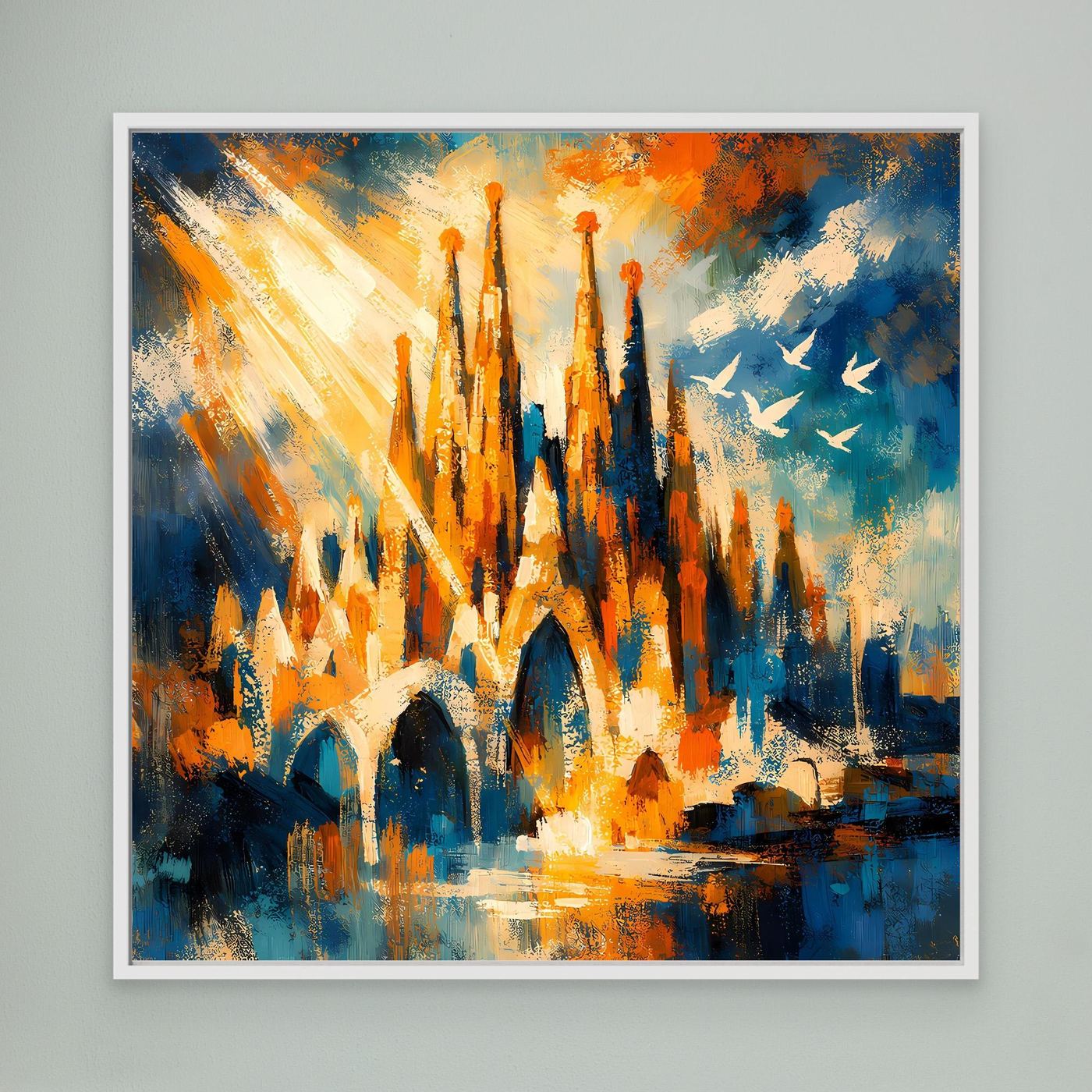 Abstraktes Leinwandbild mit Sagrada-Familia-Türmen, heller Rahmen