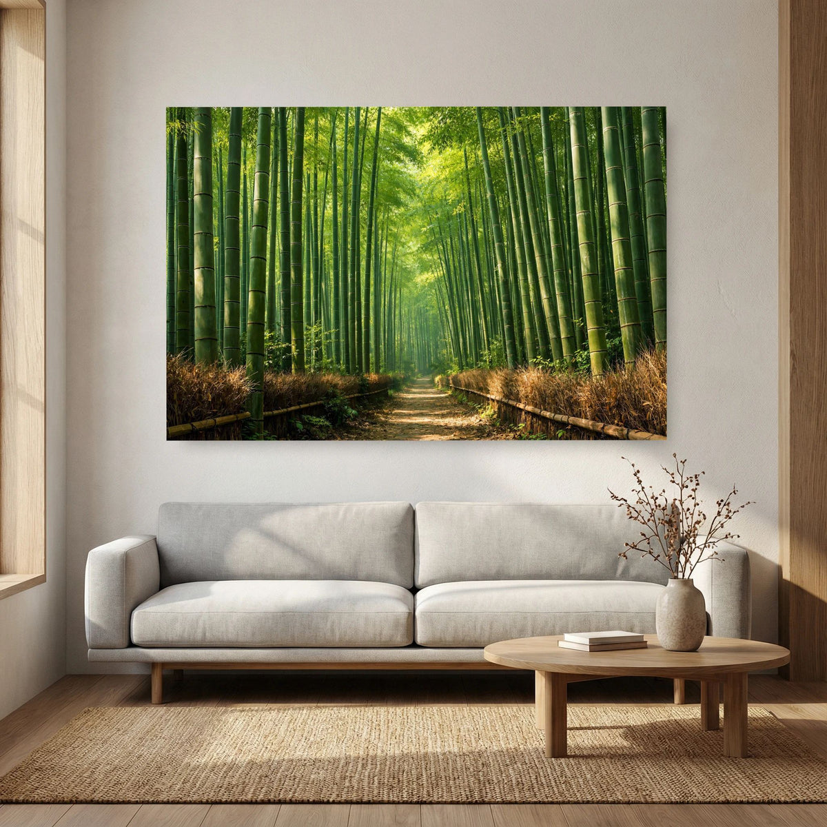 Wandbild im Wohnzimmer: Bambuswald mit Weg zwischen grünen Stämmen