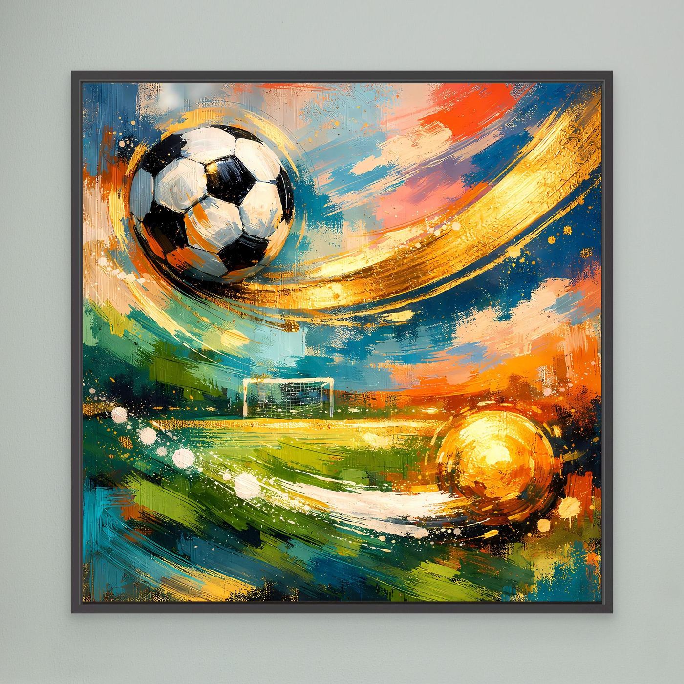 Leinwandbild mit Fußball, abstrakte Farbspuren und Kreise, Rahmen in Dunkel