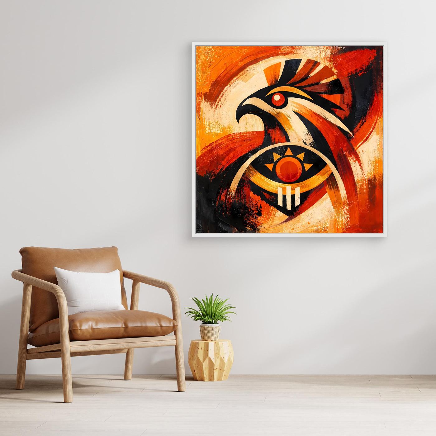 Abstraktes Leinwand-Wandbild: Falke im Tribal-Stil mit Sonnensymbol, Holzrahmen