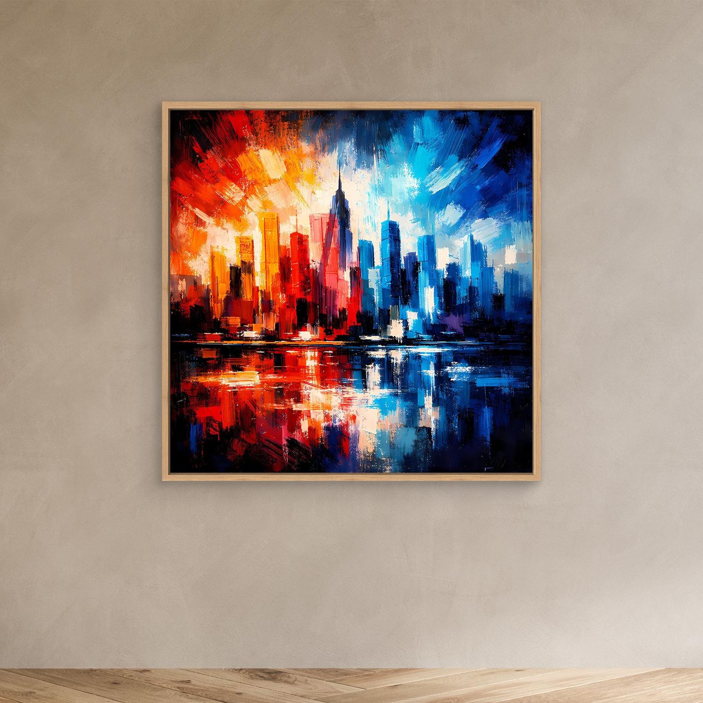 Leinwandbild mit abstrakter Skyline in Rot-, Blau- und Gelbtönen, Holzrahmen in Eiche.