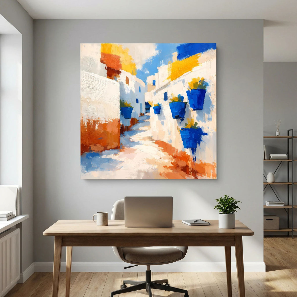 Abstraktes Leinwand-Wandbild der Gasse mit weißen Flächen, orangefarbenen Partien und blauen Töpfen