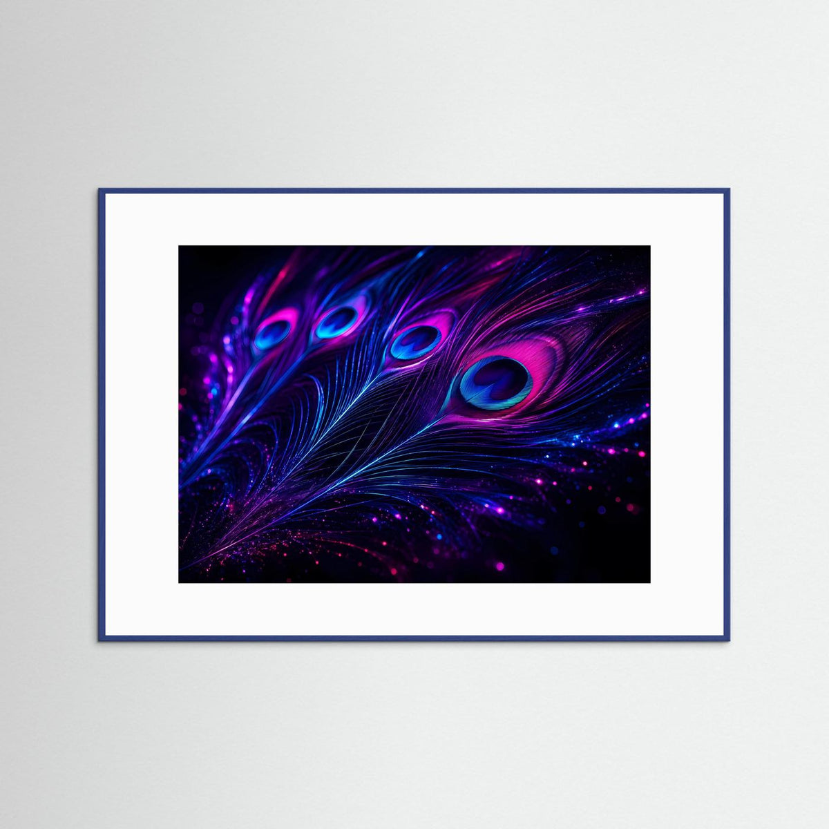 Leuchtende Pfauenfeder-Wandkunst mit Neon-Feder, magenta und blau, blau gerahmt
