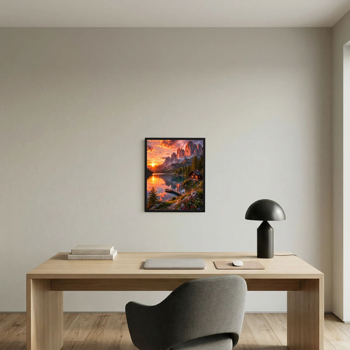 Wandposter im schwarzen Rahmen mit Bergsee, Sonnenaufgang und Bergkulisse