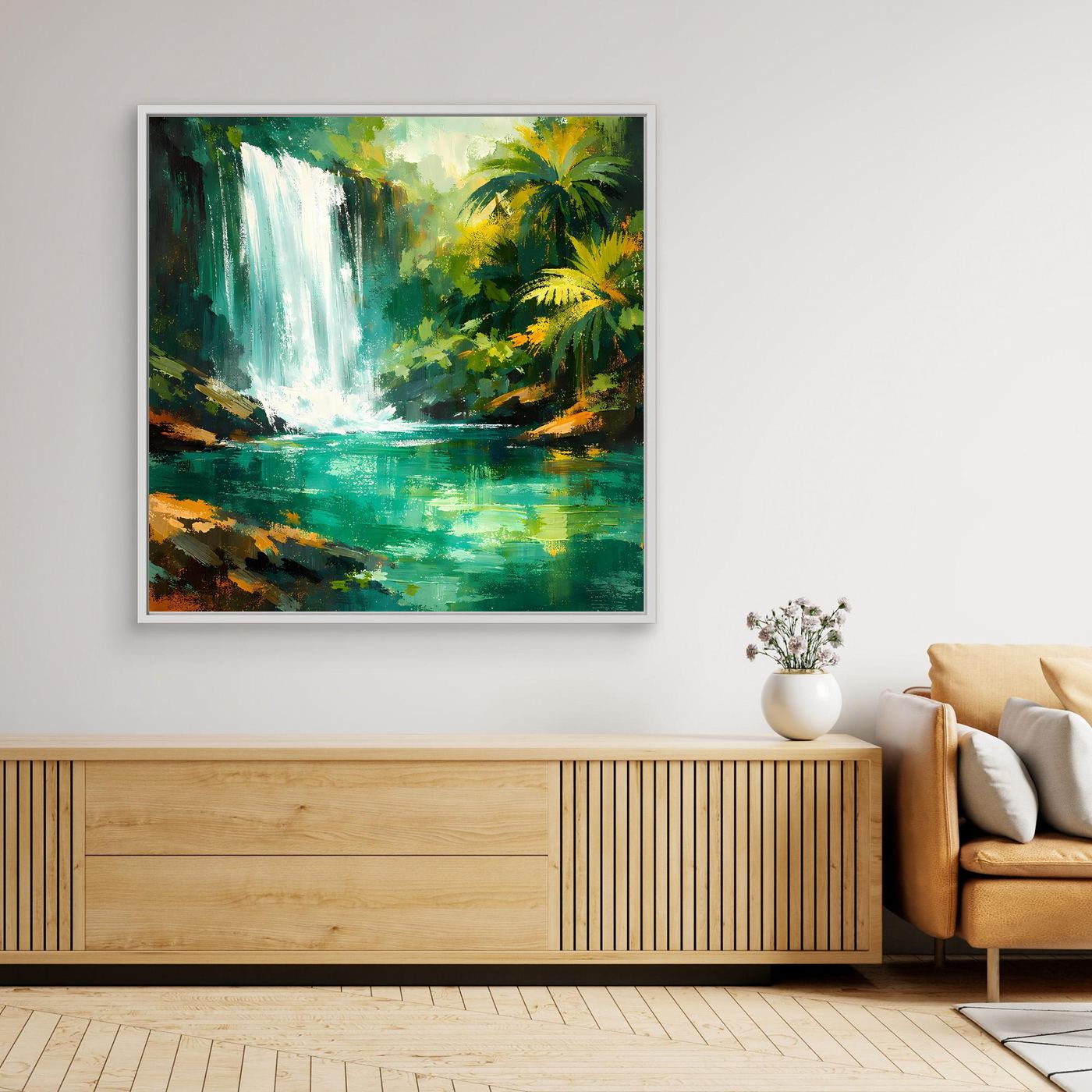 Leinwand Abstraktes Dschungel Wandbild mit Wasserfall | Modernes Natur Kunstwerk Grün