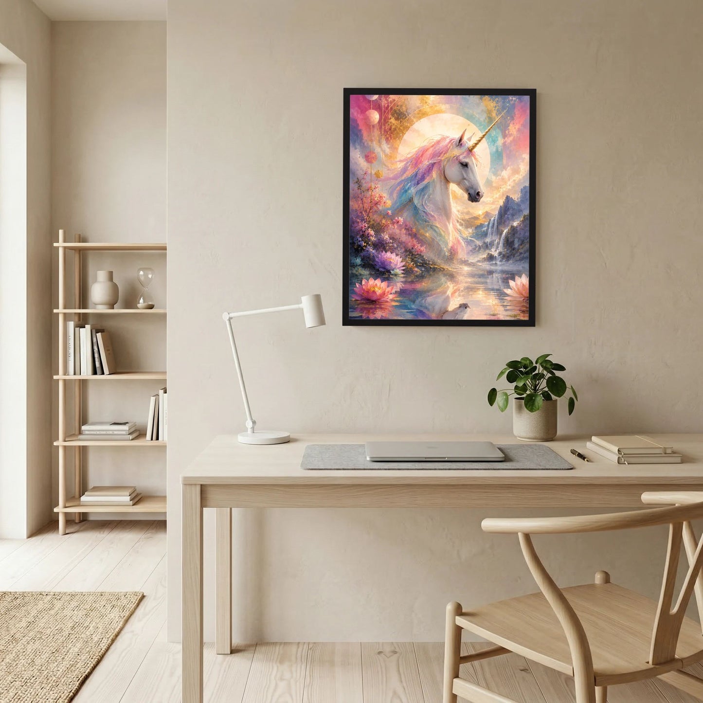 Eingesetztes Einhorn-Kunstposter an der Wand: weißes Einhorn mit bunten Blüten