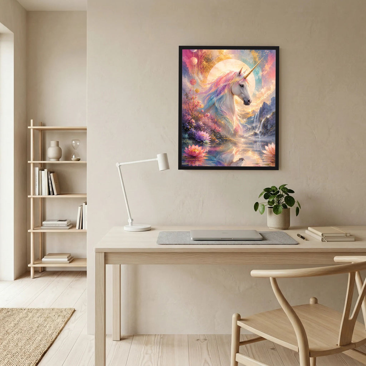 Eingesetztes Einhorn-Kunstposter an der Wand: weißes Einhorn mit bunten Blüten