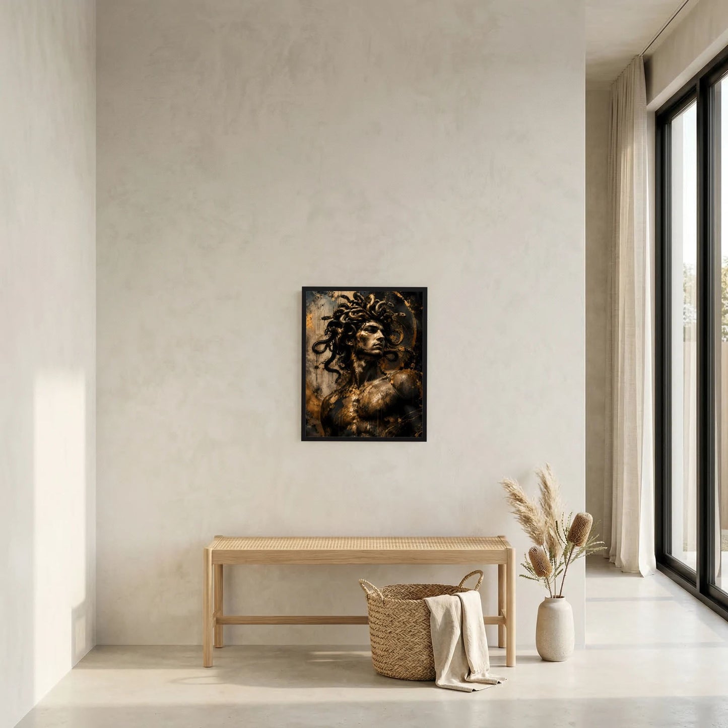 Wandposter im schwarzen Rahmen mit Männerporträt und Schlangen in Schwarz und Gold
