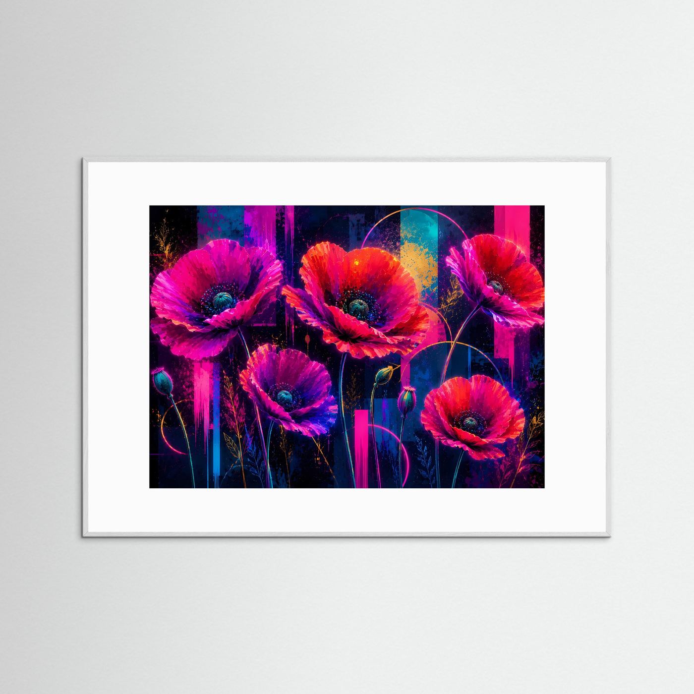Leuchtende Mohnblumen in Neonfarben | Abstrakte Blumen Kunst & Wandbild