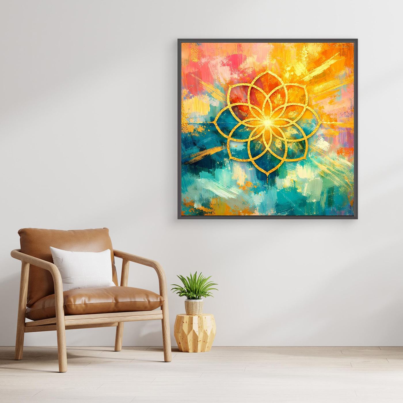 Leinwandbild Blume des Lebens mit Mandala, goldene Linien in Orange, Blau und Grün, gerahmt.