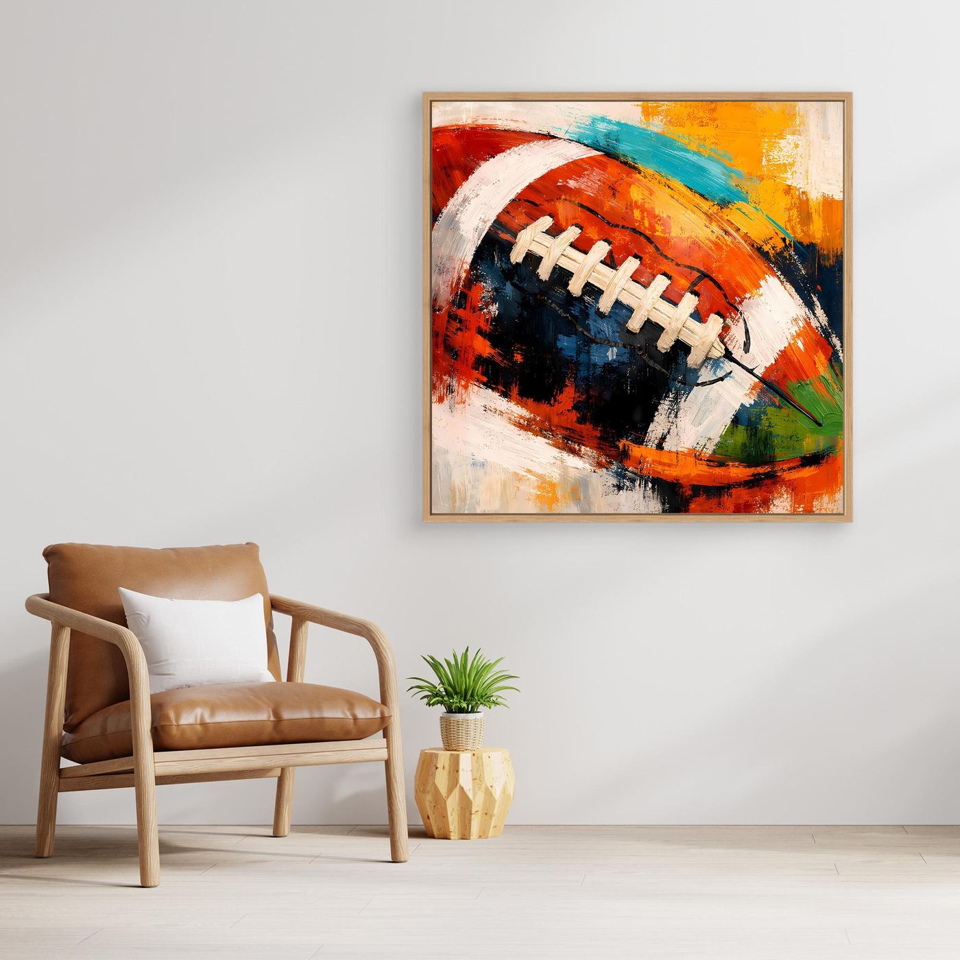 Leinwandbild mit abstraktem Football in kräftigen Farben im Holzrahmen