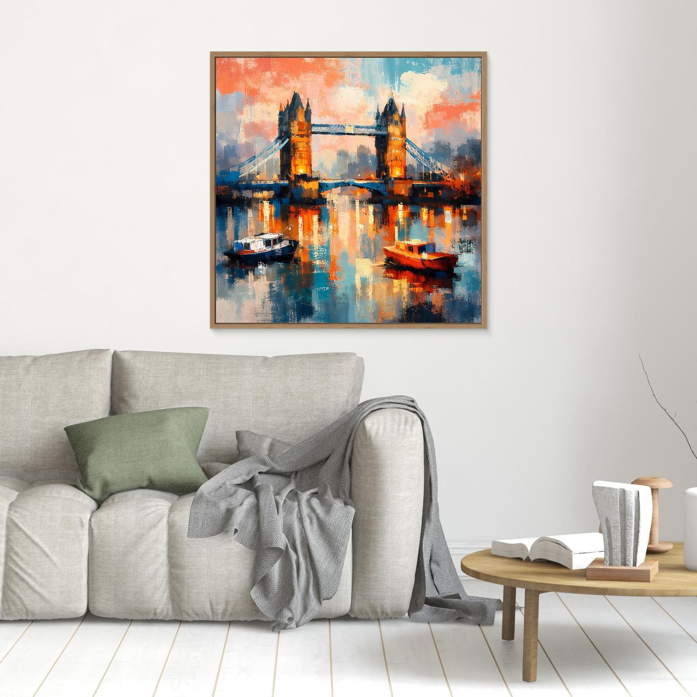 Abstraktes Leinwand-Wandbild mit Tower Bridge und Booten, brauner Holzrahmen