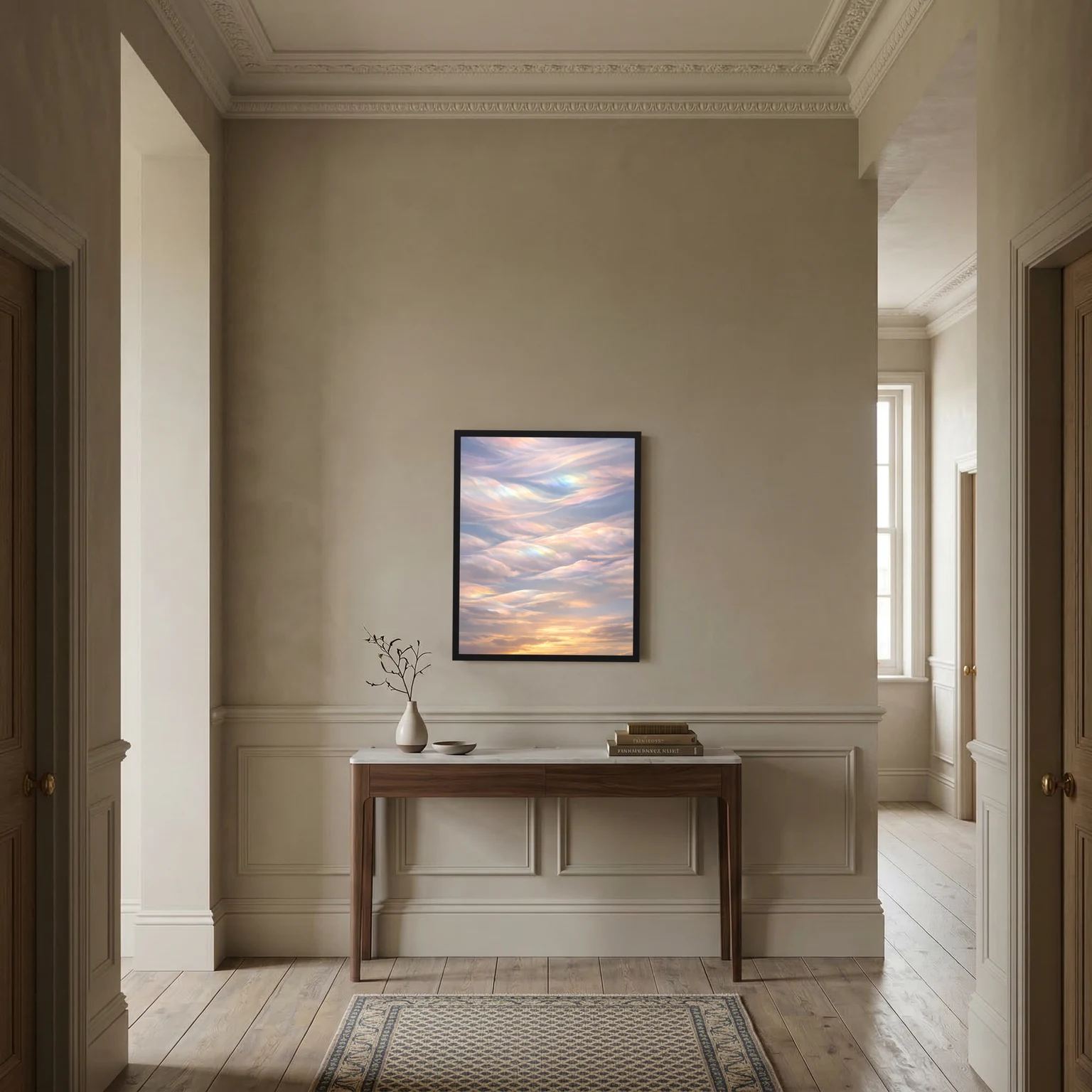 Gerahmtes Wandposter mit pastellfarbenen Wolken und Sonnenuntergang, zarter Farbverlauf