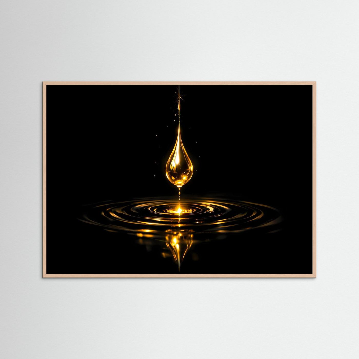 Wandbild mit goldenem Wassertropfen-Motiv, schwarzer Hintergrund, beiger Holzrahmen