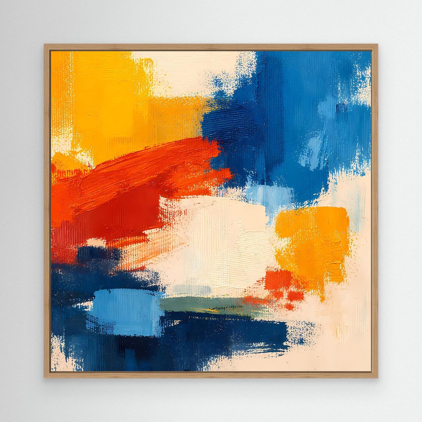 Abstract canvas wall art with wood frame and layered blue, red, and yellow brushstrokes