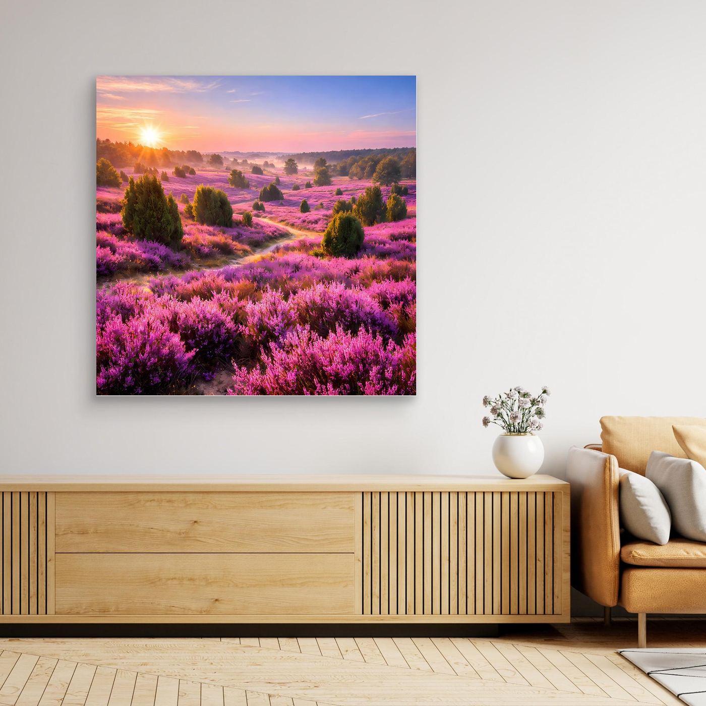 Leinwandbild mit lila Heideblüte bei Sonnenaufgang, rechteckig, dunkler Rahmen