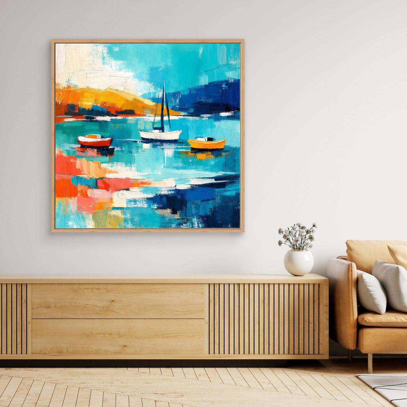 Abstract sailboat wall art in a light oak frame with teal-blue water and orange boats
