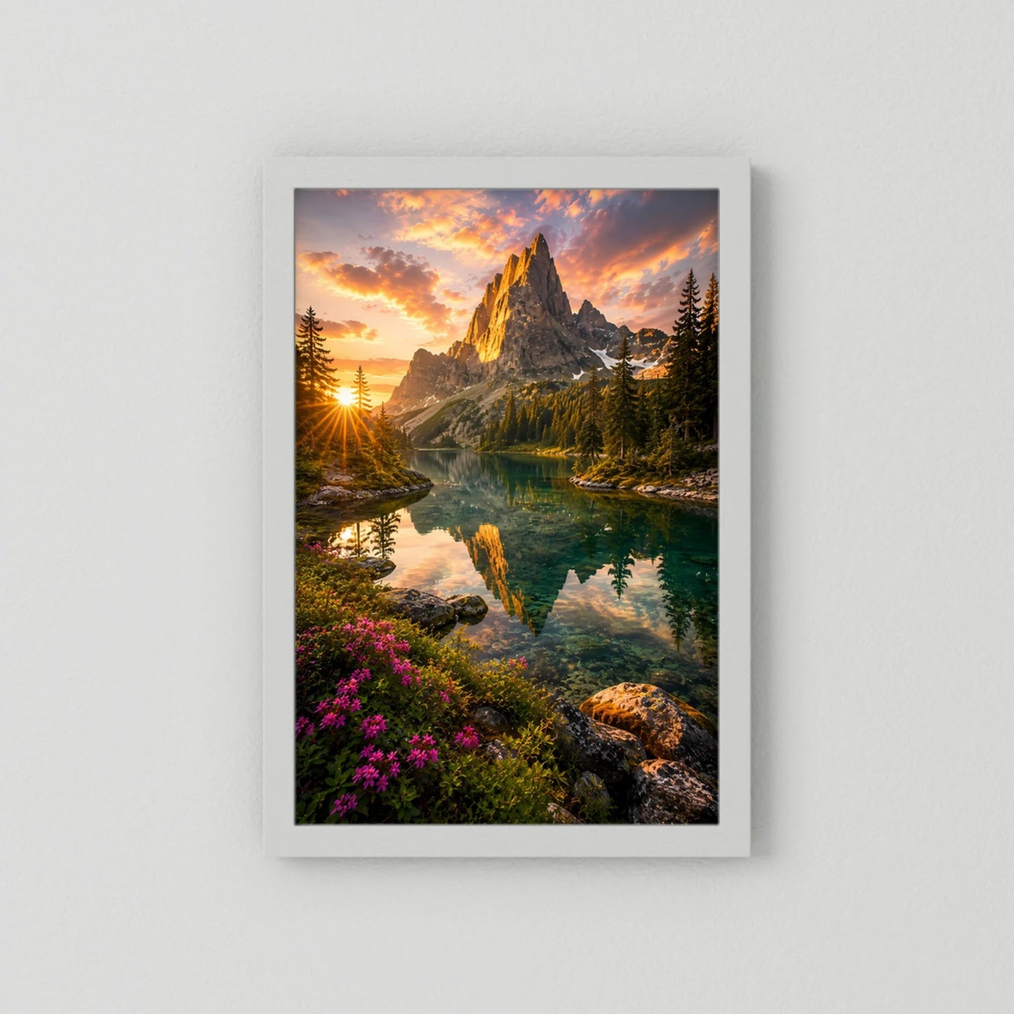 Hochformatposter in weißem Rahmen mit Bergsee-Landschaft und bewaldeten Bergen