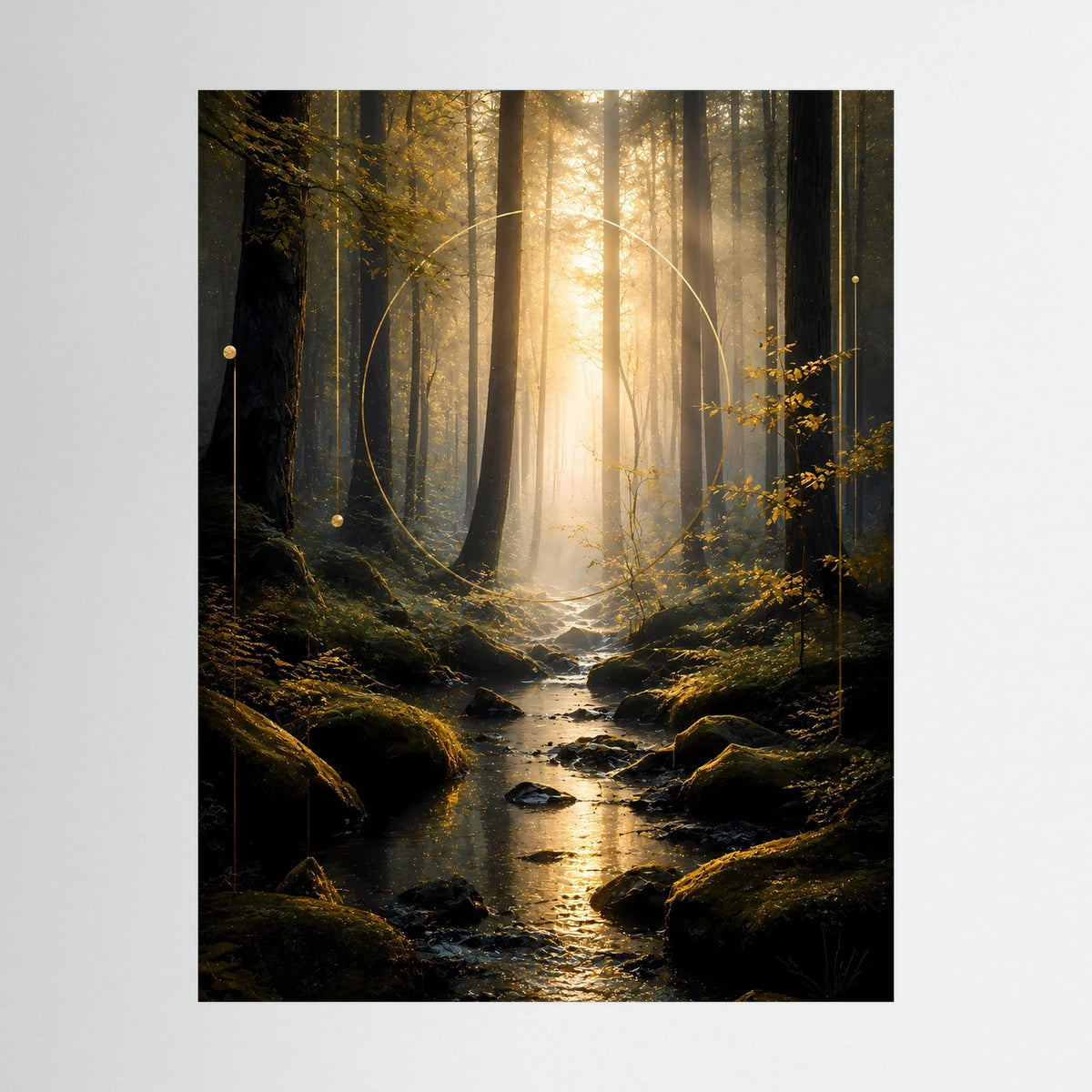 Nahansicht Hochformat-Poster: Bach im Wald mit goldenen Lichtstrahlen, schwarzer Rand