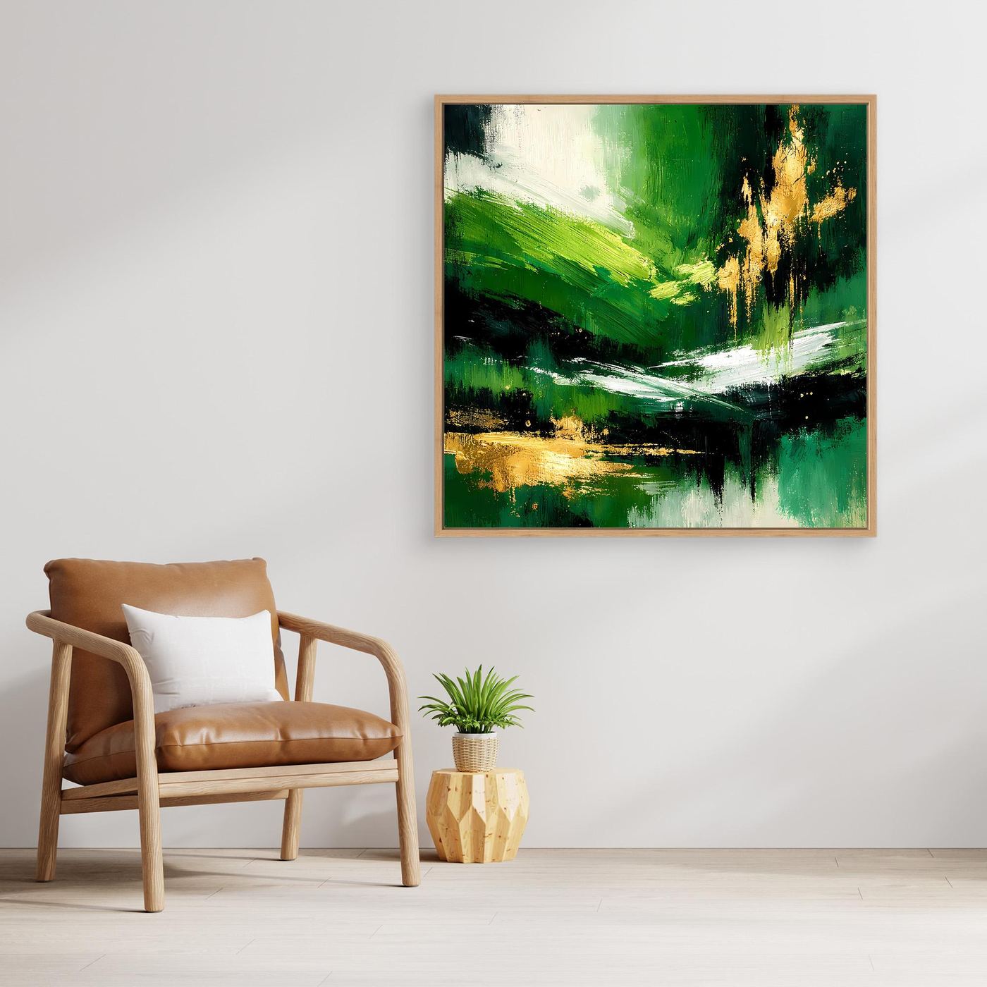 Leinwand Abstraktes Landschaftsgemälde in Smaragdgrün und Gold | Modernes Natur Wandbild