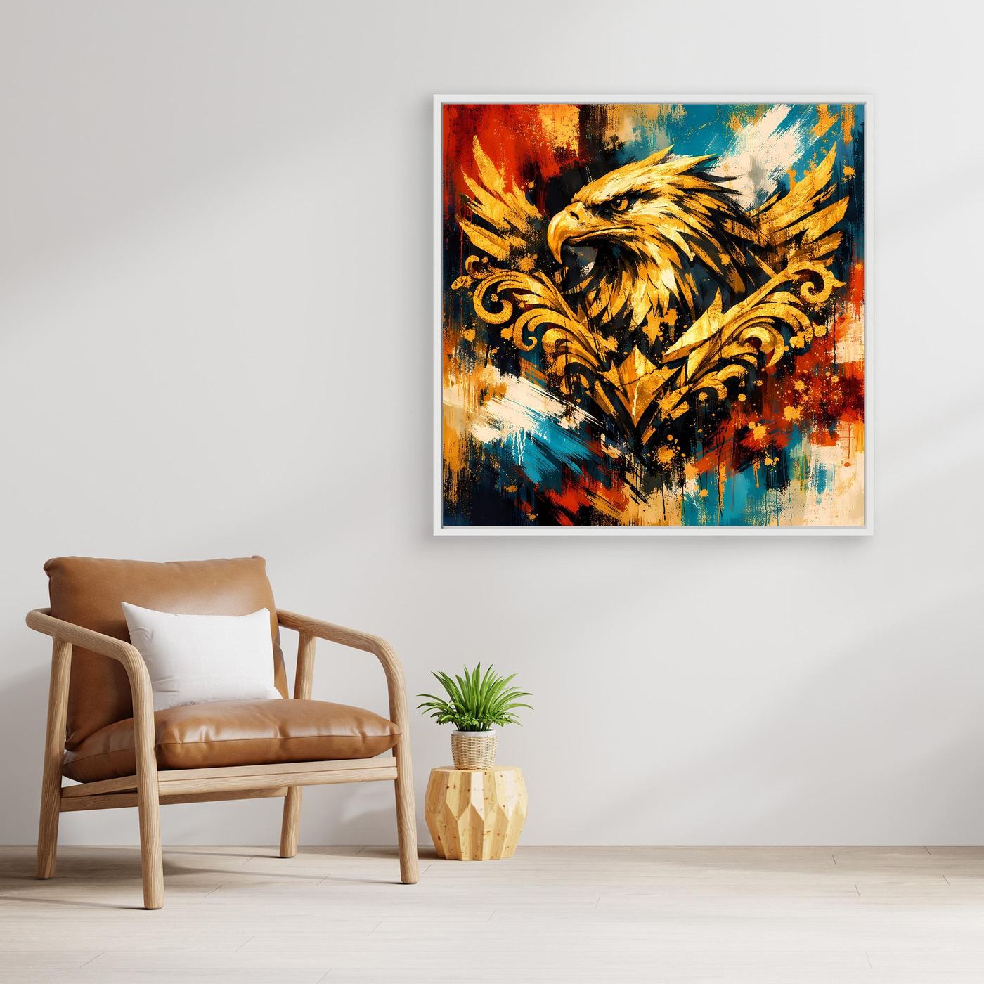 Wandbild mit Adler und barockem Schnörkel-Design, abstrakte Farbsprenkel, Holzrahmen
