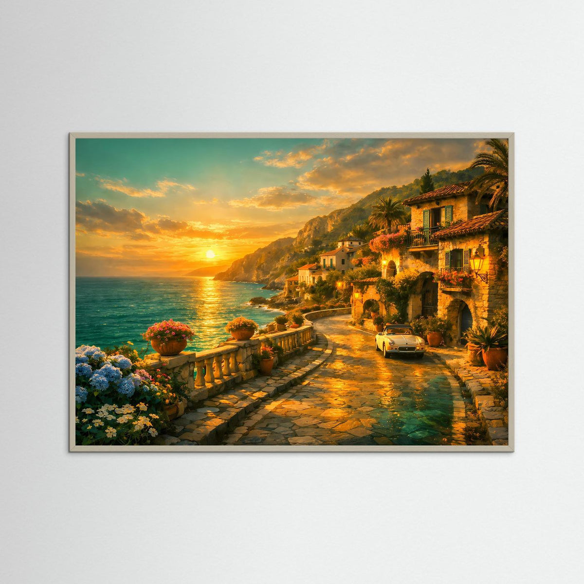 Mediterranes Küstenpanorama-Poster mit Sonnenuntergang im grauen Rahmen