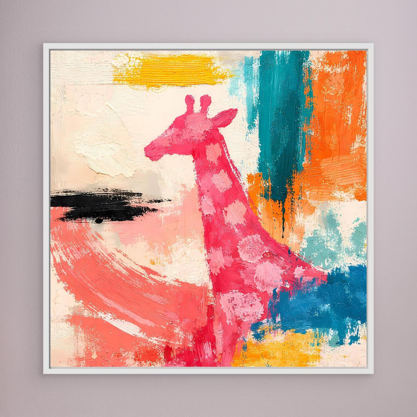 Leinwandbild mit abstrakter Giraffe in Pink, gelb-blau-orange Farbflecken, weiß gerahmt