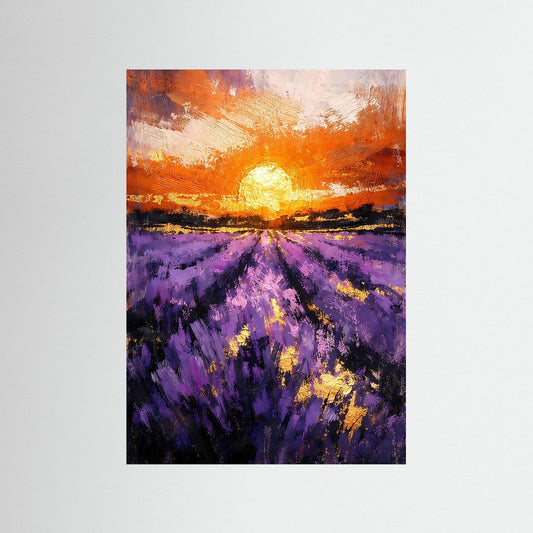 Unge­rahmtes Hochformat-Wandposter mit Sonnenuntergang über Lavendelfeld, violett und orange
