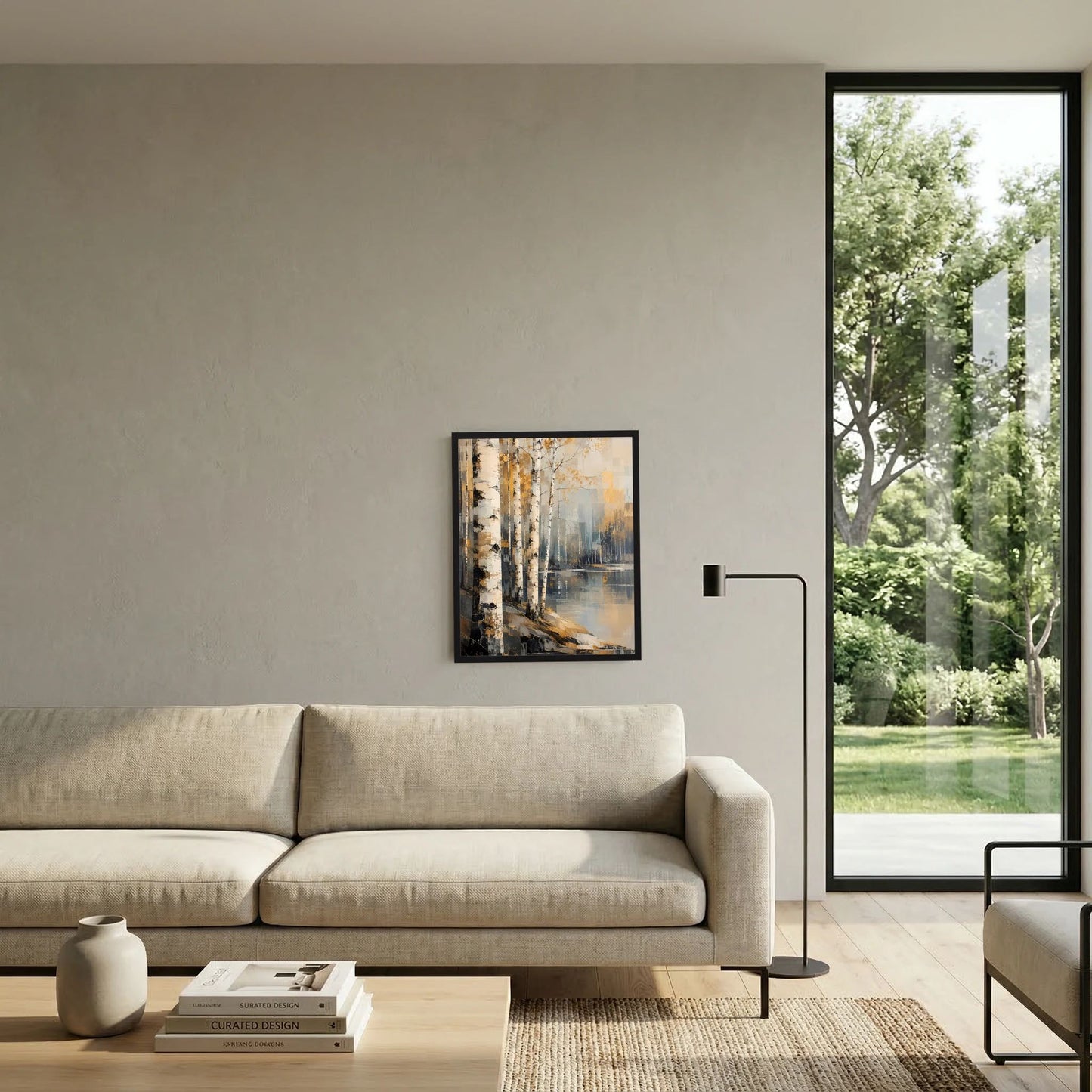 Poster im schwarzen Rahmen mit Birkenwaldmotiv und Wasserfläche in Gold, Beige und Blau