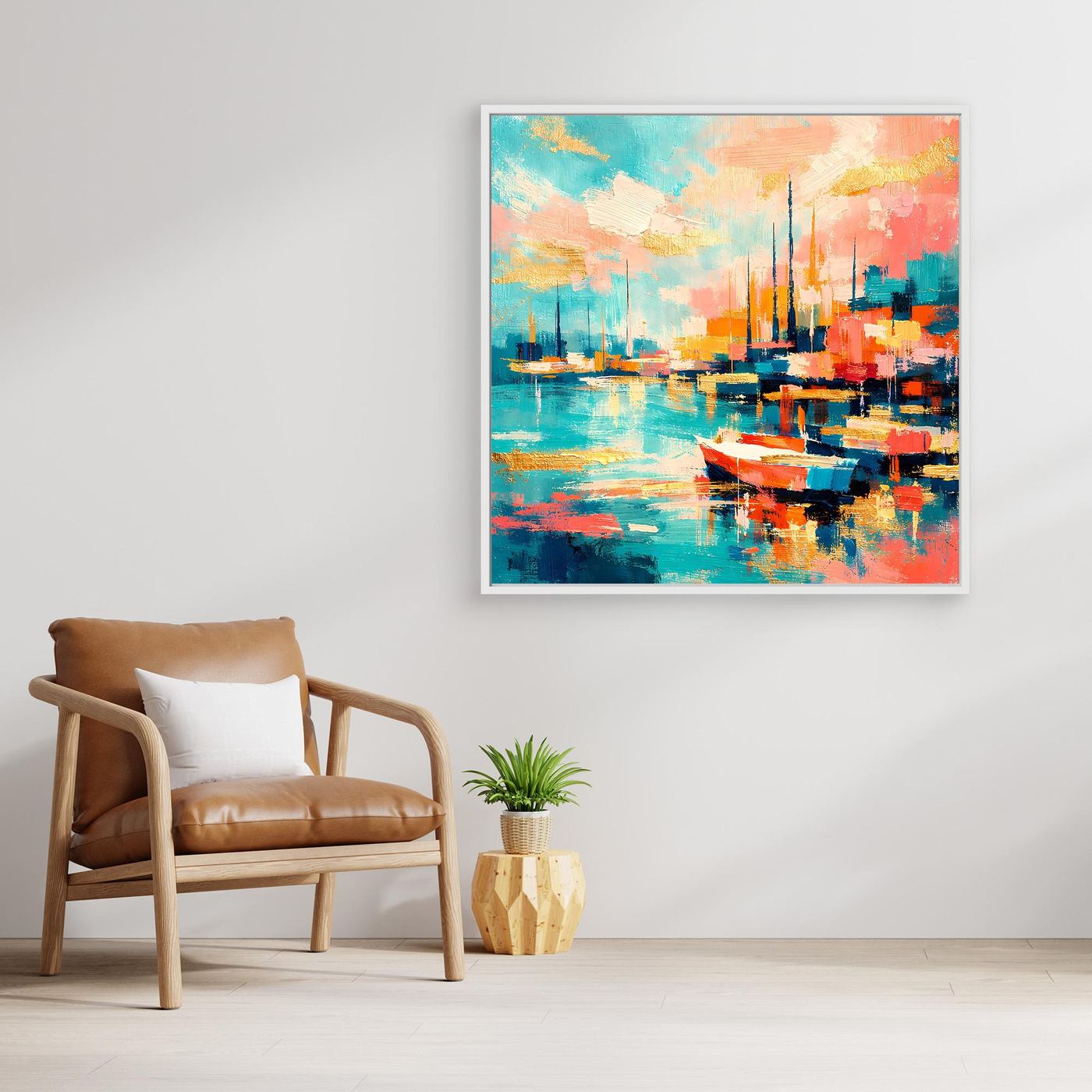 Leinwandbild mit abstraktem Hafenbecken-Motiv mit hellem Rahmen, Boote und Reflexe