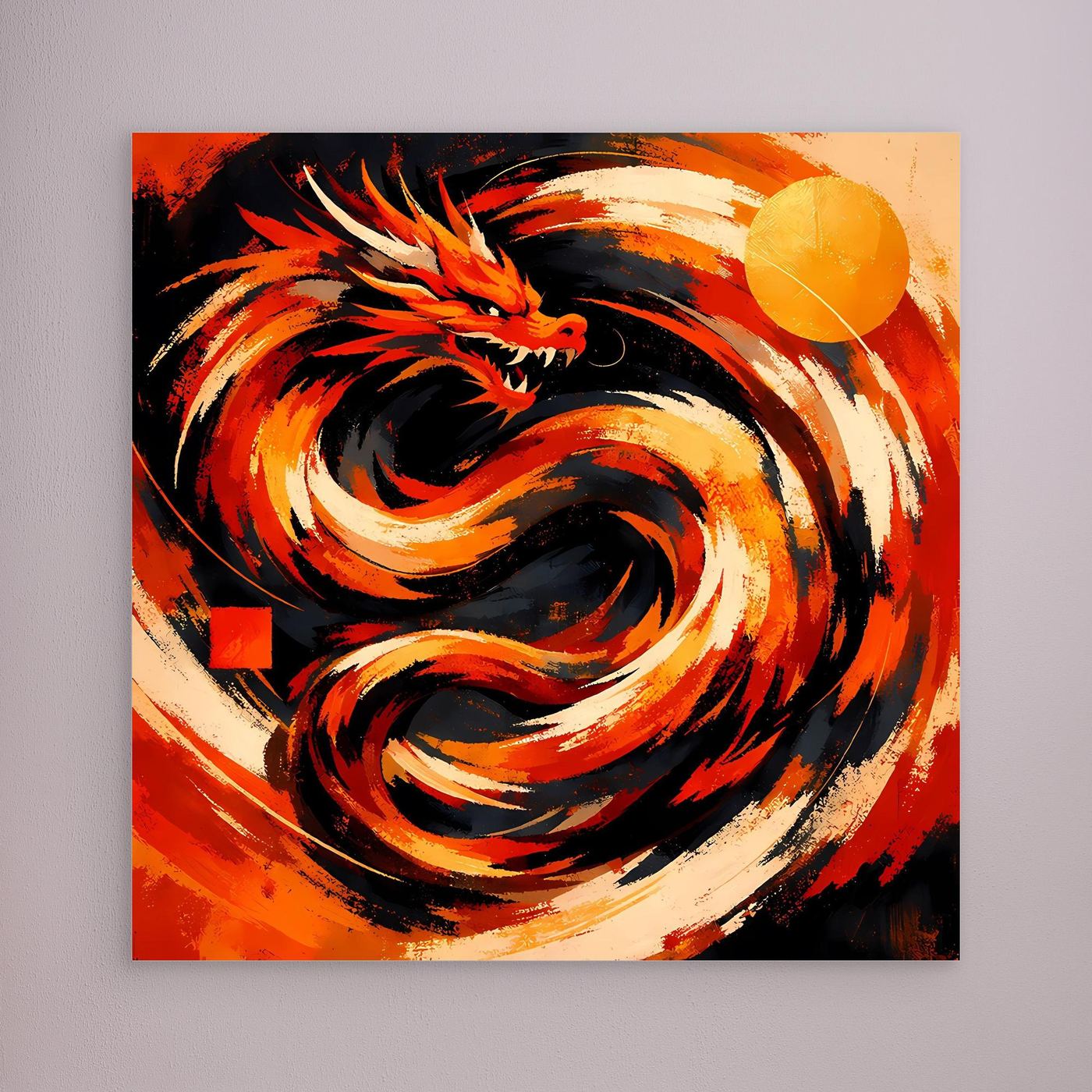 Leinwand-Wandbild mit rotem Drachen in feurigen Wirbeln, ohne sichtbaren Rahmen